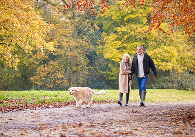 A senior couple walking with their pet